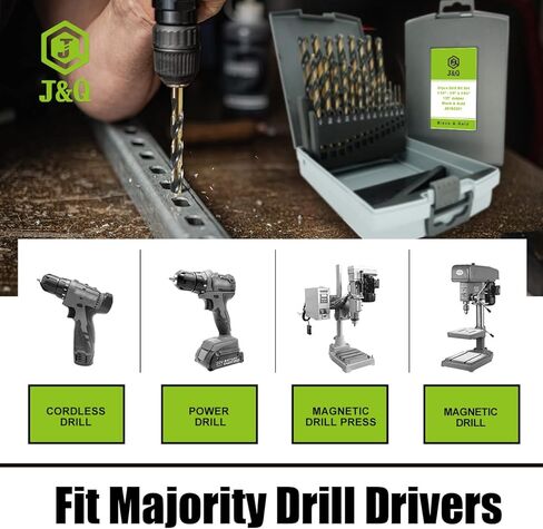 مجموعة لقم مثقاب J&Q 21 قطعة M2 HSS Jobber، مجموعة لقم مثقاب شديدة التحمل للمعادن، أسود وذهبي عالي السرعة من الصلب الملتوي لقمة مثقاب معدنية مع نقطة تقسيم 135 درجة للصلب والنحاس والألومنيوم وسبائك الزنك والخشب والبلاستيك، تتضمن الأحجام 1 /16"، 5/64"، 3/32 in Kuwait