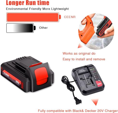 ceenr 2 حزمة lbxr20 3.0ah استبدال البطارية والشاحن لبطارية ليثيوم بلاك اند ديكر 20 فولت lbxr2020-ope متوافق مع بلاك ديكر الاعشاب الآكل 20 فولت lb20 lbx20 lbxr2020 lbx4020 lb2x4020-ope in Kuwait