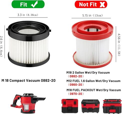 طقم فلتر خرطوشة جاف HEPA مكون من 4 قطع متوافق مع مكنسة ميلووكي اللاسلكية 49-90-0160 والجزء 49-90-1951، مناسب للمكنسة الكهربائية المدمجة 0882-20 M18 in Kuwait