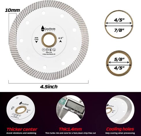 Casaverde 2pc/Lot 4.5" Porcelain Tile Blade for Marble and Tiles | Ultra-Thin,Turbo Rim Segment,for Handheld and Angle Grinders,Fast,Clean Cuts with Great Life & Speed in Saudi Arabia
