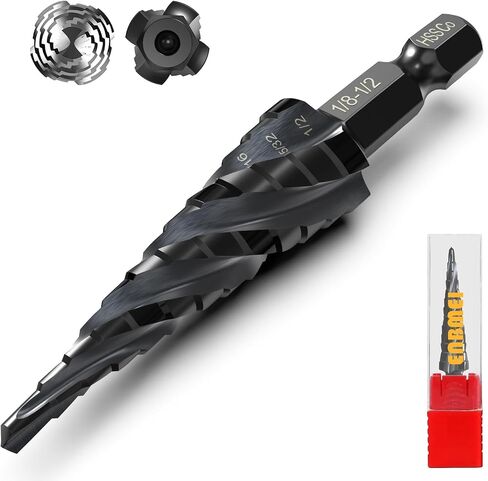 M35 Cobalt Step Drill Bit Four Spiral Flute, 3/16"-1-3/8" (19 Step Sizes) - Ideal for Metal, Stainless Steel, Wood, Plastic - 1/4" Hex Shank in Saudi Arabia