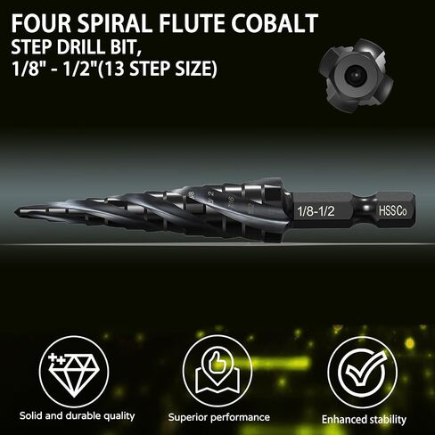 M35 Cobalt Step Drill Bit Four Spiral Flute, 3/16"-1-3/8" (19 Step Sizes) - Ideal for Metal, Stainless Steel, Wood, Plastic - 1/4" Hex Shank in Saudi Arabia