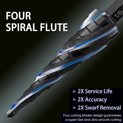 M35 Cobalt Step Drill Bit Four Spiral Flute, 3/16"-1-3/8" (19 Step Sizes) - Ideal for Metal, Stainless Steel, Wood, Plastic - 1/4" Hex Shank in Saudi Arabia