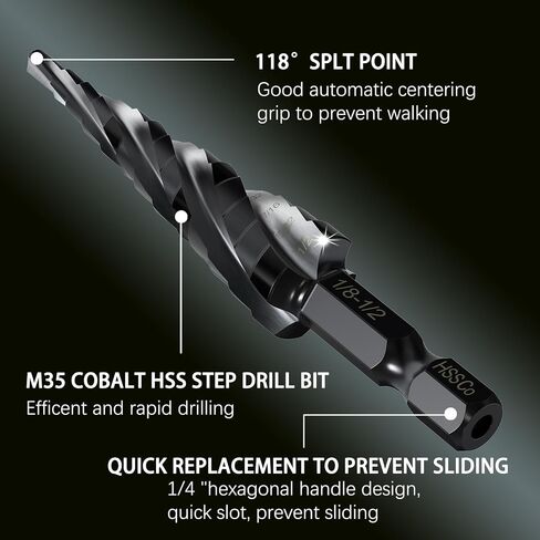 M35 Cobalt Step Drill Bit Four Spiral Flute, 3/16"-1-3/8" (19 Step Sizes) - Ideal for Metal, Stainless Steel, Wood, Plastic - 1/4" Hex Shank in Saudi Arabia