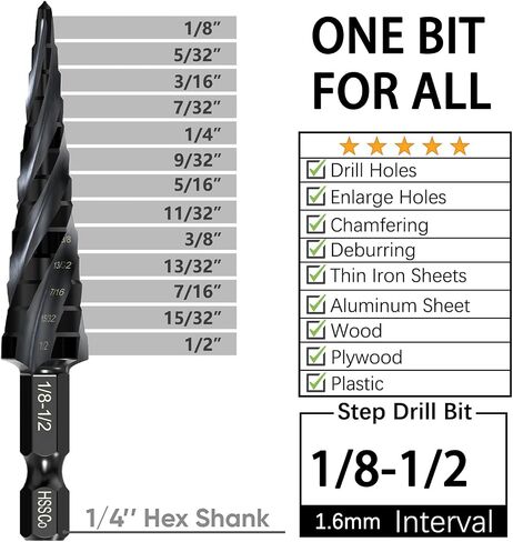 M35 Cobalt Step Drill Bit Four Spiral Flute, 3/16"-1-3/8" (19 Step Sizes) - Ideal for Metal, Stainless Steel, Wood, Plastic - 1/4" Hex Shank in Saudi Arabia