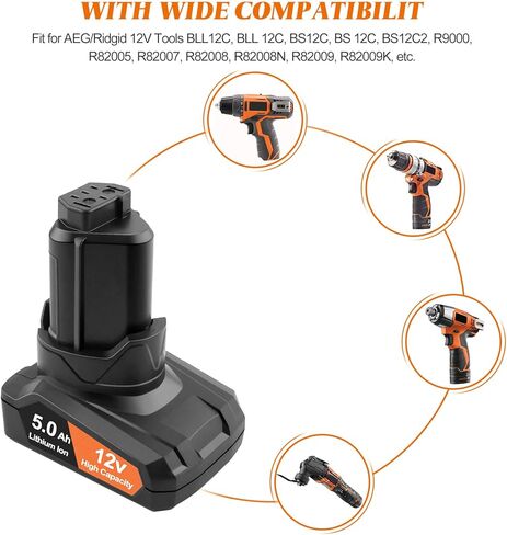 5.0Ah 12V Battery Replacement for Ridgid 12V Battery L1215 R86048 AC82008 AC82048 AC82049 AC82059 Replacement for AEG 12V Battery L1215 L1215R in Kuwait