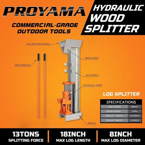 PROYAMA Log Splitter Manual 13 Ton, Hydraulic Wood Splitter, Firewood Splitting Machine with Horizontal Full Steel Beam in Saudi Arabia