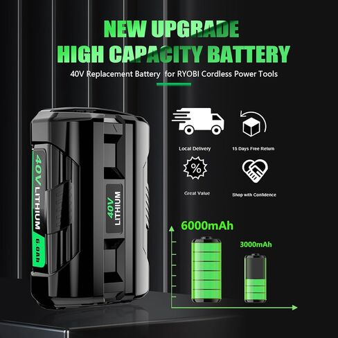 Jialipok 40V 6.0Ah Battery Replacement for Ryobi 40V Battery, Compatible with Ryobi 40V Tools and Charger OP4050A OP40601 OP4026A OP4040 OP4030 OP4050 OP4015 OP40261 OP40201 OP40401 with LED Indicator in Kuwait