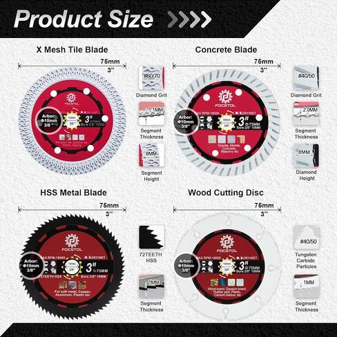 FOCSTOL Saw Blade Set - 4pcs 3''(75mm) Cutting Disc for Cutting Wood Metal Plastic for Angle Grinder Arbor 3/8''(10mm) in Saudi Arabia
