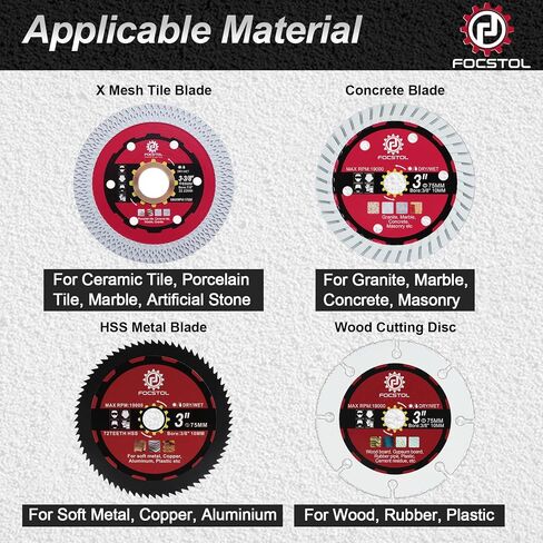FOCSTOL Saw Blade Set - 4pcs 3''(75mm) Cutting Disc for Cutting Wood Metal Plastic for Angle Grinder Arbor 3/8''(10mm) in Saudi Arabia