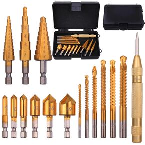 16 Pack Titanium Coated Drill Bit Set with Case, Including 3Pcs Step Drill Bit, 6Pcs Drill Tap Bit Set, 6Pcs High Speed Steel Twist Drill Bits for Metalworking, Woodworking, Hole Drilling.