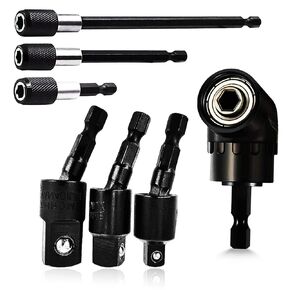 Magnetic Bit Holder Set 7 PCS for Tight Space, Right Angle Drill Attachment Adapter+ Quick Change Drill Bit Extension 1/4" Hex Shank +1/4" 3/8" 1/2" Swivel Impact Driver Socket Adapter Bit Extender