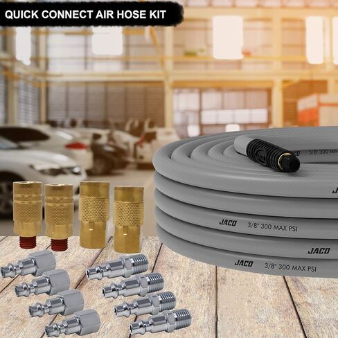 JACO FlexPro Hybrid Air Compressor Hose (3/8" x 50 ft) with Industrial Quick Connect Fittings Kit (1/4" NPT, Set of 12) in Saudi Arabia
