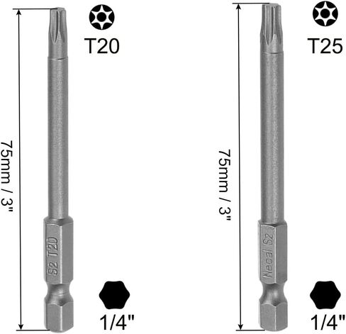 uxcell 20 Pcs T20 and T25 Magnetic Torx Screwdriver Bits Set, 1/4 Inch Hex Shank 3-inch Length S2 Power Tool in Saudi Arabia