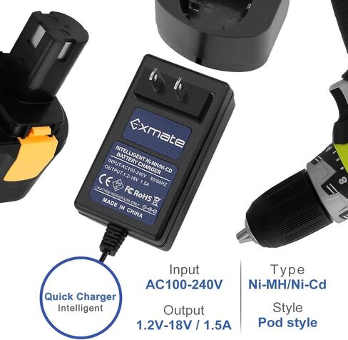 شاحن بطارية Exmate Multivolt 1.2V-18V مناسب لبطاريات Ryobi 7.2V 9.6V 12V 14.4V 18V Ni-MH/Ni-Cd Pod Style (ليس لبطارية ليثيوم أيون) in Kuwait