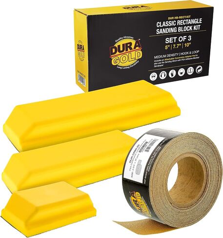 Dura-Gold Pro Series Classic Rectangle Hand Sanding Block Kit with 3 Blocks, 5", 7-3/4" and 10" Set, Hook & Loop Backing and PSA Sandpaper Conversion Adapter Pad & 80 Grit Gold PSA Longboard Sandpaper in Saudi Arabia