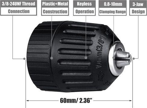 Yakamoz 1/32-3/8" Keyless Drill Chuck Replacement 3/8-24UNF Mount Thread 0.8-10mm Keyless Chuck for Drill Press Impact Driver in Saudi Arabia