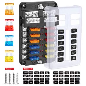 Fuse Block Blade Fuse Box Holder, Car ATO/ATC Fuse Block Waterproof with Fuse LED Indicator Protection Cover for Automotive Truck Boat Marine Bus RV Van Vehicle (12 Way)