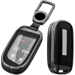 Alloy Metal Key Fob Cover,Compatible with Jeep Grand Cherokee Renegade Compass Dodge Durango Journey Charger Challenger Key Fob,Armor TPU Key Fob Case Black