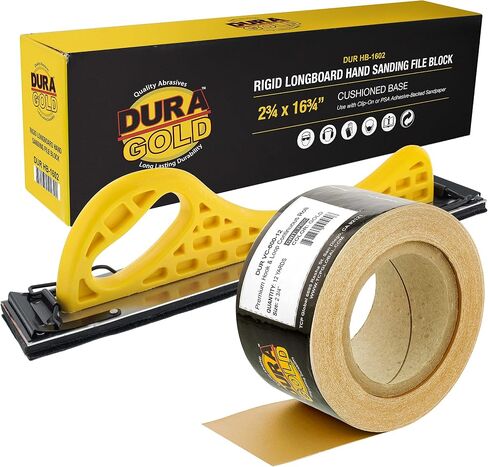 Dura-Gold Pro Series Longboard Hand Sanding File Sander Block - Hook & Loop Backing and PSA Backing Adapter Pad & 600 Grit PSA Longboard Sandpaper 12 Yard Roll, 2-3/4" Wide in Saudi Arabia