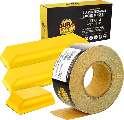 Dura-Gold Pro Series Rectangle Hand Sanding Block Kit with 3 Blocks, 5", 7-3/4" and 10" Set, Hook & Loop Backing and PSA Adapter Pad & 120 Grit Sandpaper Roll, 2-3/4" Wide, 12 Yards Long in Saudi Arabia