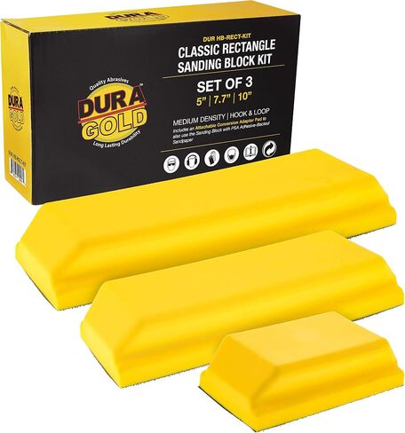 Dura-Gold Pro Series Rectangle Hand Sanding Block Kit with 3 Blocks, 5", 7-3/4" and 10" Set, Hook & Loop Backing and PSA Adapter Pad & 120 Grit Sandpaper Roll, 2-3/4" Wide, 12 Yards Long in Saudi Arabia