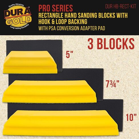Dura-Gold Pro Series Rectangle Hand Sanding Block Kit with 3 Blocks, 5", 7-3/4" and 10" Set, Hook & Loop Backing and PSA Adapter Pad & 120 Grit Sandpaper Roll, 2-3/4" Wide, 12 Yards Long in Saudi Arabia