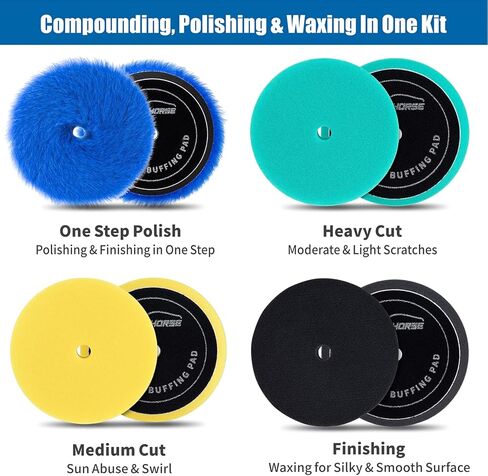 5 Inch Polishing & Buffing Pads 4Pcs, Foam and Wool Polishing Pad Kit for 5" /125mm Backing Plate, Orbital Foam Buffer Pads and Woolen Polihser Pad, for Car Compounding, Polishing and Waxing in Kuwait