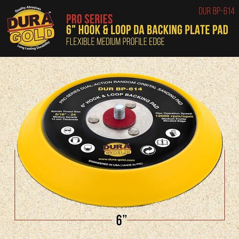 Dura-Gold Pro Series 6" Hook & Loop DA Backing Plate Pad - 14mm Thick Medium Profile Edge, Dual-Action Random Orbital Sanding Pad, 5/16" - 24 Threads - for Sander Polisher Auto Woodworking Sandpaper in Saudi Arabia