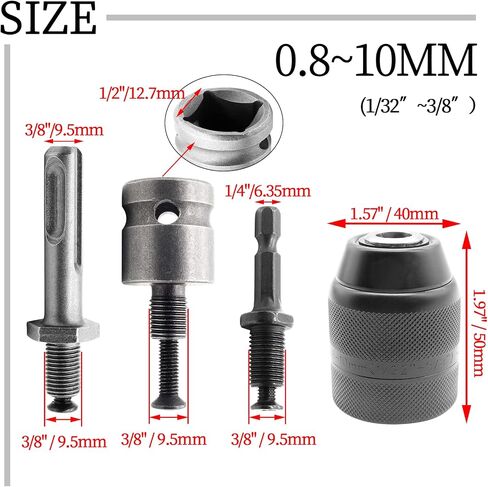 Jiozermi 0.8-10mm Keyless Metal Drill Chuck, with SDS-Plus Shank 1/4 Inch Hex Shank 1/2 Inch Impact Wrench Adapter in Saudi Arabia