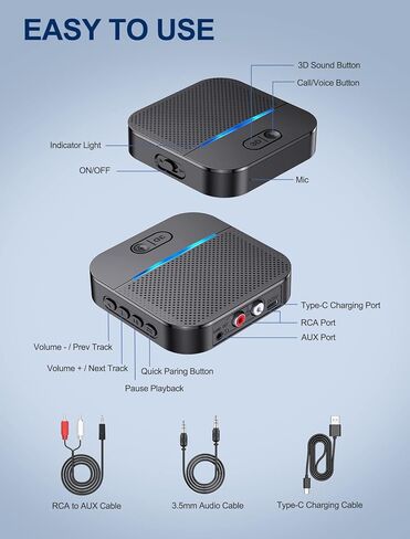 COMSOON Bluetooth Receiver for Car/Home Stereo/Speakers, 3D Surround Sound Bluetooth Car Stereo Digital Media Receivers for Music Streaming/Hands-Free Calling + 3.5mm AUX/RCA Cable in Kuwait