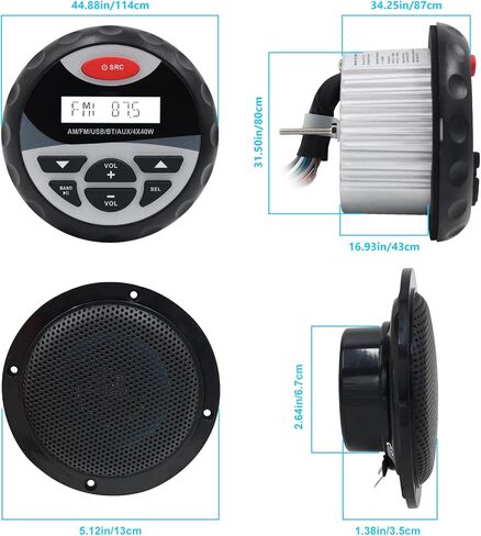 مجموعة استقبال هيرديو مارين - راديو AM FM ومكبرات صوت مقاومة للماء 4 بوصة (زوجين) + هوائي أسود للقوارب واليخوت ATV UTV in Kuwait