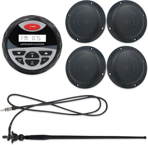 مجموعة استقبال هيرديو مارين - راديو AM FM ومكبرات صوت مقاومة للماء 4 بوصة (زوجين) + هوائي أسود للقوارب واليخوت ATV UTV in Kuwait