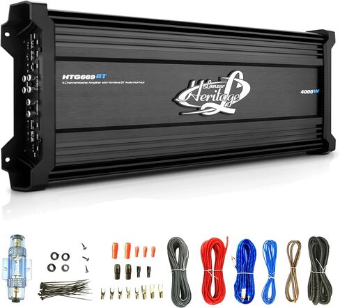 Lanzar HTG669BT 6 قنوات 3000 واط الطاقة القصوى 2 أوم مرشحات تمرير عالية ومنخفضة مستقرة بلوتوث MOSFET مجموعة مضخم صوت السيارة مع مجموعة تركيب أسلاك مضخم صوت كاملة 8 قياسات in Kuwait