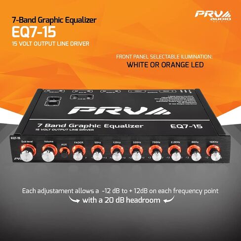PRV AUDIO EQ7-15 7 Band Graphic Equalizer 15 Volt RCA Line-Level Output with Fader and Subwoofer Level Control for Car Audio in Saudi Arabia
