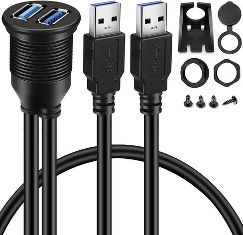 2 Ports Dual USB 3.0 Male to USB 3.0 Female AUX Flush Mount Car Mount Extension Cable for Car Truck Boat Motorcycle Dashboard Panel 1ft in Kuwait