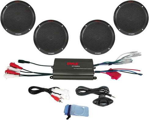 Pyle Marine Receiver Speaker Kit - 4-Channel Amplifier w/ 6.5" Speakers (4) Waterproof Poly Bag 3.5mm Jack RCA Adaptor for MP3/iPod & Volume Gain Remote Control & Power Protection Circuitry - PLMRKT4B in Saudi Arabia
