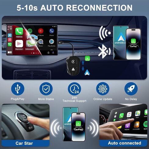 محول FTTMWTAG 2 في 1 لاسلكي CarPlay & Android Auto 2024 ترقية Dongle تحويل Apple Car Play السلكي إلى لاسلكي، التوصيل والتشغيل، اتصال تلقائي سريع، متوافق مع iOS 12+ وAndroid 11+ (أسود) in Kuwait