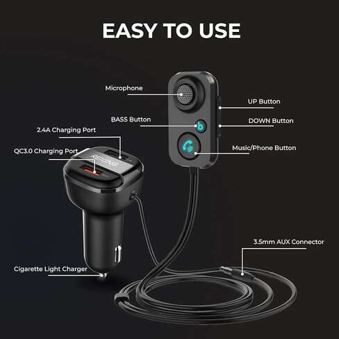مجموعة استقبال السيارة RexingUSA AUX2 Mini Bluetooth 5.1 - USB مزدوج، شحن سريع 3.0، جهير محسن، 3.5 مم AUX، ميكروفون ستيريو للسيارة، مكالمات بدون استخدام اليدين، متوافق مع Siri وGoogle Assistant in Kuwait