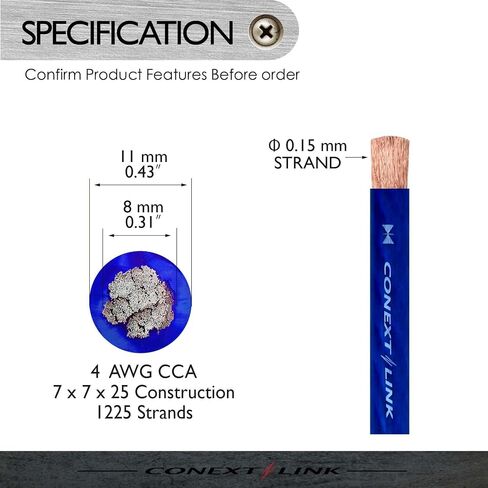 Conext Link 5 ft 4 GA Gauge AWG Car Amplifier Battery Power Cable Ground Wire CCA Frost Blue （10827） in Saudi Arabia