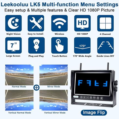 LeeKooLuu RV Backup Camera Wireless HD 1080P 7 Inch Recorder DVR Monitor Touch Key Screen Four Channel Adapter for Furrion Pre-Wired RV Rear View System Waterproof Night Vision 2023 Latest Version LK5 in Kuwait