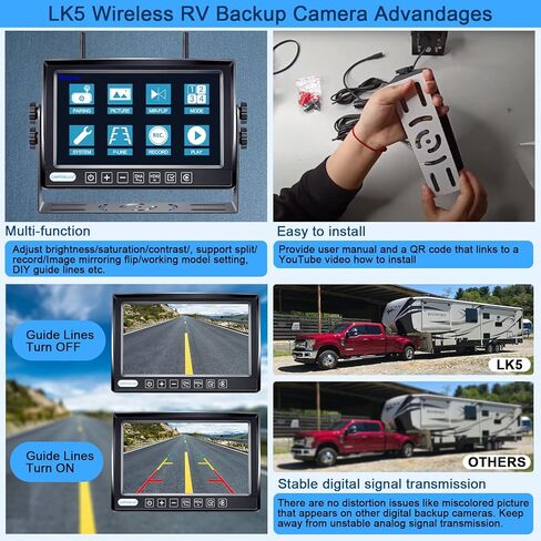 LeeKooLuu RV Backup Camera Wireless HD 1080P 7 Inch Recorder DVR Monitor Touch Key Screen Four Channel Adapter for Furrion Pre-Wired RV Rear View System Waterproof Night Vision 2023 Latest Version LK5 in Kuwait