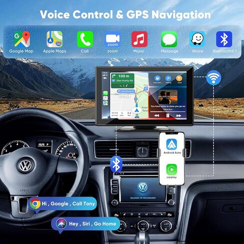 Hererod ستيريو سيارة Carplay لاسلكي محمول مع كاميرا داش 2.5K - شاشة IPS عالية الدقة 9.8 بوصة، Android Auto، كاميرا احتياطية 1080 بكسل، تسجيل حلقة، بلوتوث، وحدة رأس ملاحة GPS، مستقبل راديو السيارة in Kuwait
