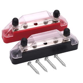 ZOOKOTO 150 Amp Rating Bus Bar Power Distribution Block, 2X M6(1/4") Studs 2X M4(#8) Screw Terminal Block with Cover for Car Boat Marine Caravan RV (Black + Red)