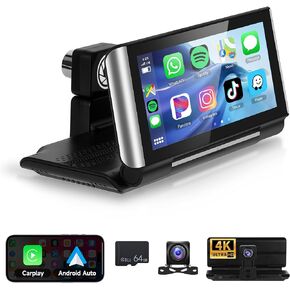شاشة Apple Carplay لاسلكية محمولة للسيارة، شاشة Rimoody 6.86 بوصة HD IPS، شاشة Carplay لاسلكية/Android للسيارة، مع جهاز إرسال AUX/FM، كاميرا داش 4K، وصلة مرآة، بلوتوث، AirPlay in Kuwait
