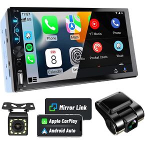 ستيريو سيارة مزدوج الدين مع Apple Carplay وAndroid Auto، شاشة لمس عالية الدقة 7 بوصة، راديو بلوتوث، كاميرا احتياطية، وصلة مرآة داعمة، عجلة القيادة، USB/AUX/مضخم صوت