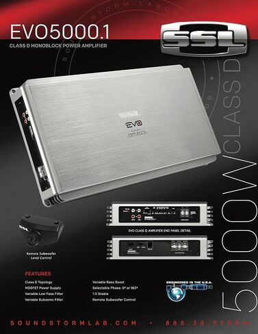 مختبرات Sound Storm EVO5000.1 EVO 5000 وات 1 أوم فئة مستقرة D مضخم صوت للسيارة أحادي الكتلة مع جهاز تحكم عن بعد في مضخم الصوت in Kuwait