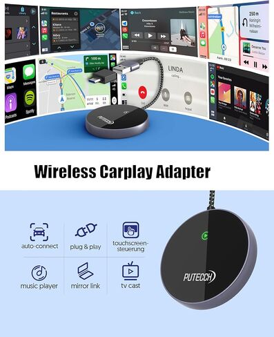PUTECCH Wireless CarPlay Adapter Work for Cars with Factory Wired Apple CarPlay, Wired to Wireless CarPlay Dongle with USB to USB C Adapter, Plug & Play, for iPhone 7 and Above & iPhone iOS 10+ in Kuwait