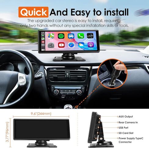 SANPTENT Wireless Apple CarPlay Dash Mount Portable Car Stereo, Android Auto, 9.33-Inch FHD Touchscreen Car Audio Receiver, Drivemate, Car Buddy with Voice Control, AUX/AV IN/USB, AHD Rear View Camera in Kuwait