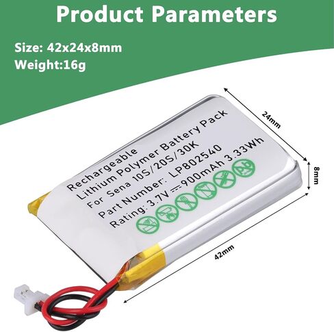 Pickle Power 3.7V 900mAh 802540 Motorcycles Bluetooth Headset Battery for Sena 20s Series Sena 20s-01 Sena 20s evo Sena 30K Series Sena 30K-01D Sena 10S Series Sena 10S-01 ENA in Saudi Arabia